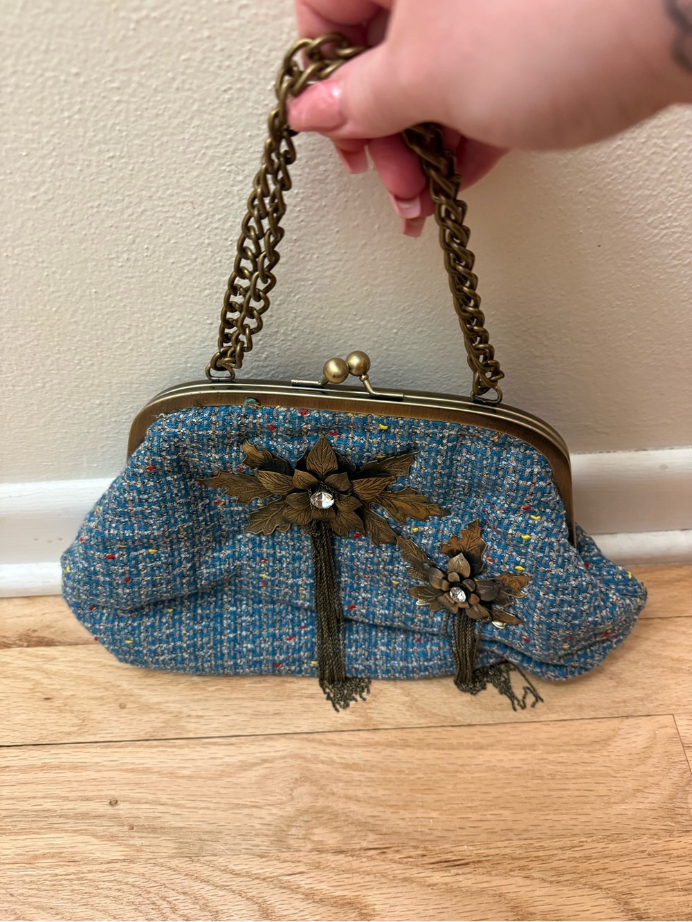 Blue Tweed Floral Chain-Handle Evening Clutch